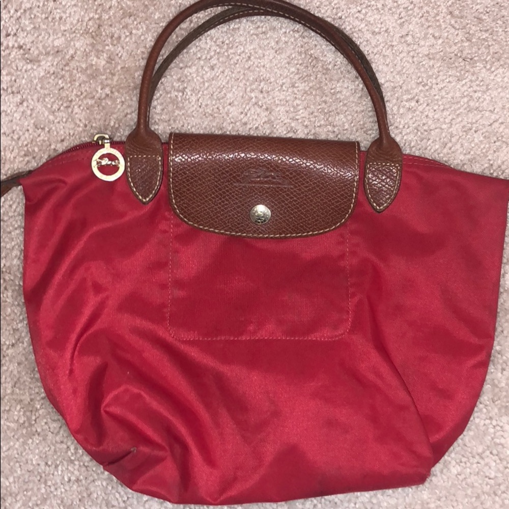 Red small Longchamp Le Pilage bag